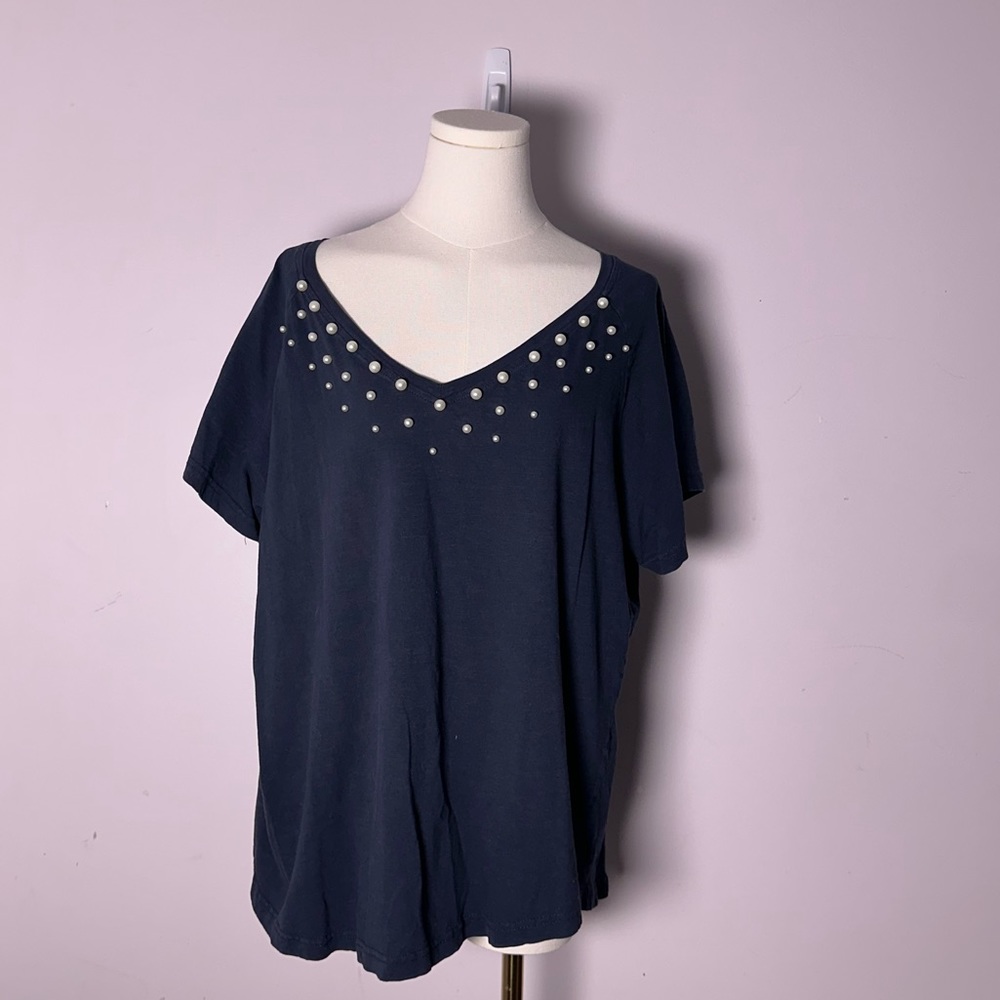 EUC Womens Your Story Navy Blue Beaded Collar Shirt Top Blouse 2X Short Sleeve